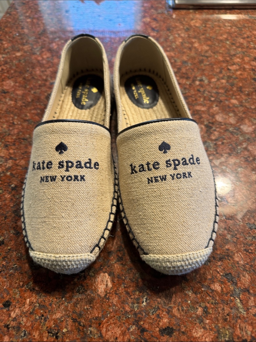 Kate Spade Beige Canvas Slip-On Espadrille with Navy Logo Trim